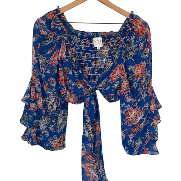NWOT Misa Los Angeles Ancora Floral Tie Crop Top, Red, White, Blue, Sheer, Small - Picture 2 of 16